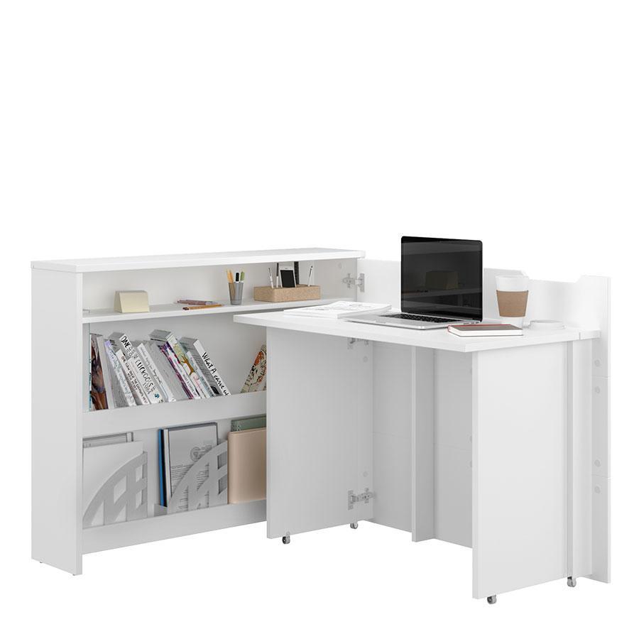 White L-shaped desk with a laptop and books on a white background