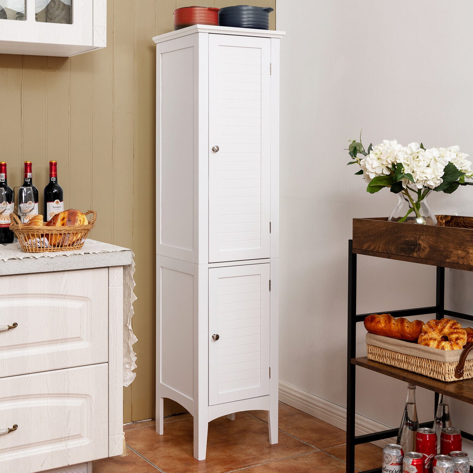 2-Door 160cm High Freestanding Bathroom Cabinet with 5-Tier Shelves-White