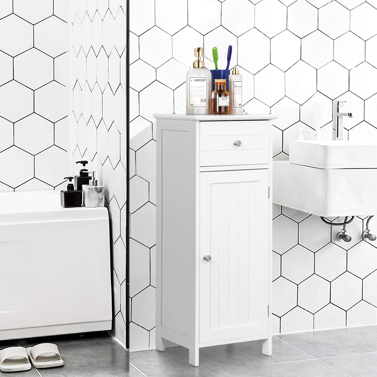 3-Tier Free-Standing Bathroom Cabinet with Drawer-White