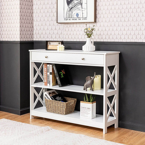 3-Tier Console Table with 1 Drawer and 2 Storage Shelves-White