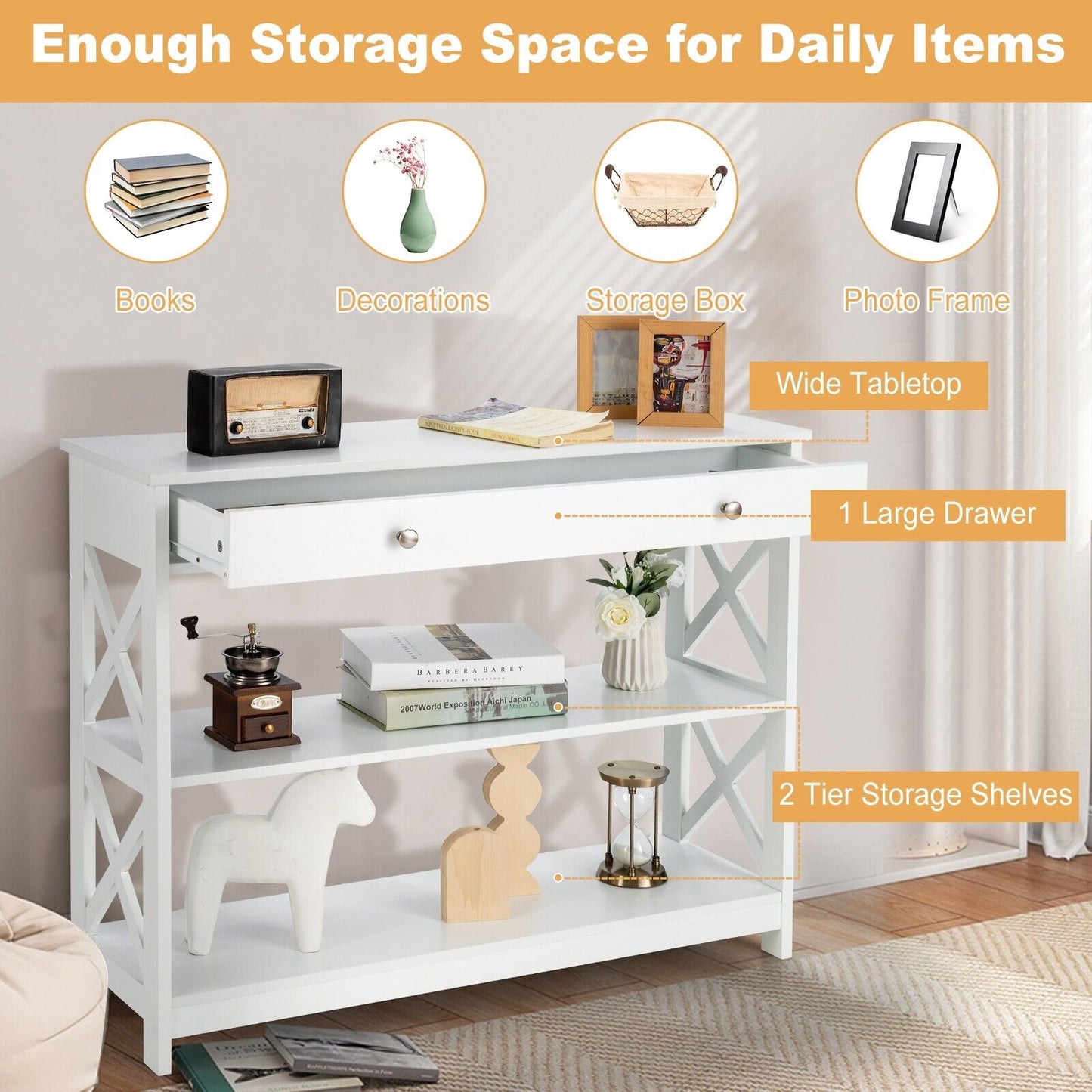 3-Tier Console Table with 1 Drawer and 2 Storage Shelves-White