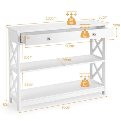 3-Tier Console Table with 1 Drawer and 2 Storage Shelves-White