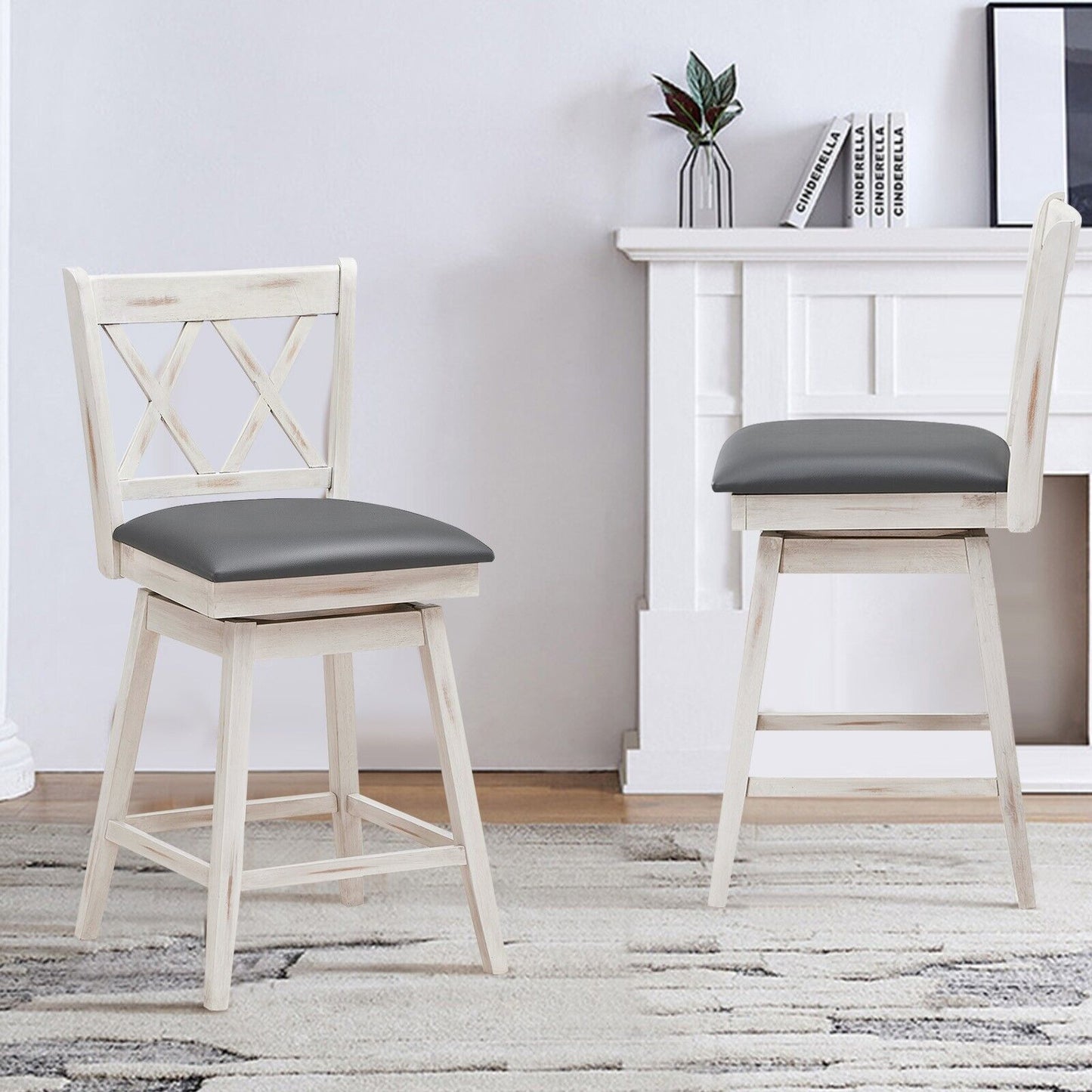 Set of 2 Counter Height Bar Stool with Ergonomic Backrest-White