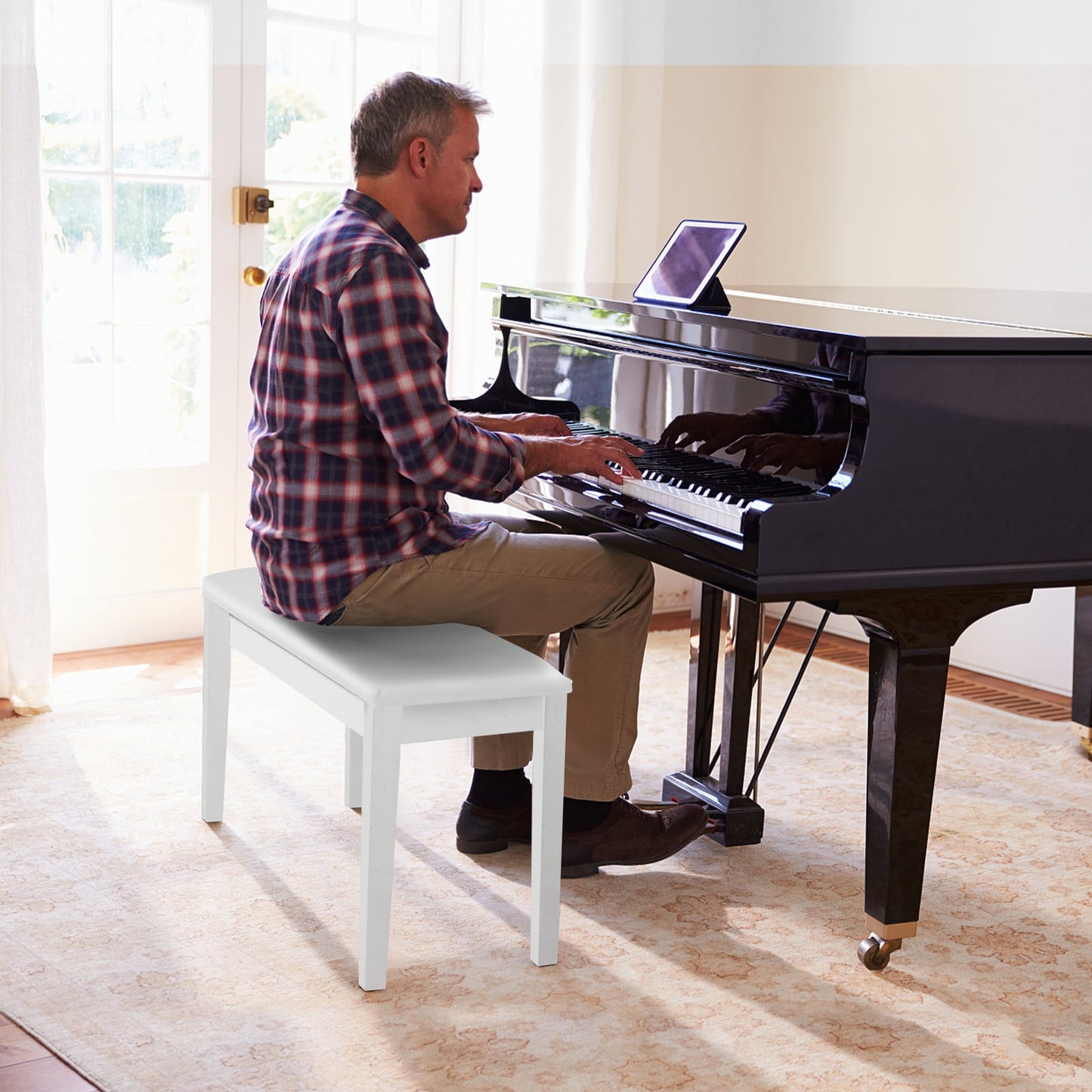 2-in-1 Padded Piano Bench with Storage Space-White