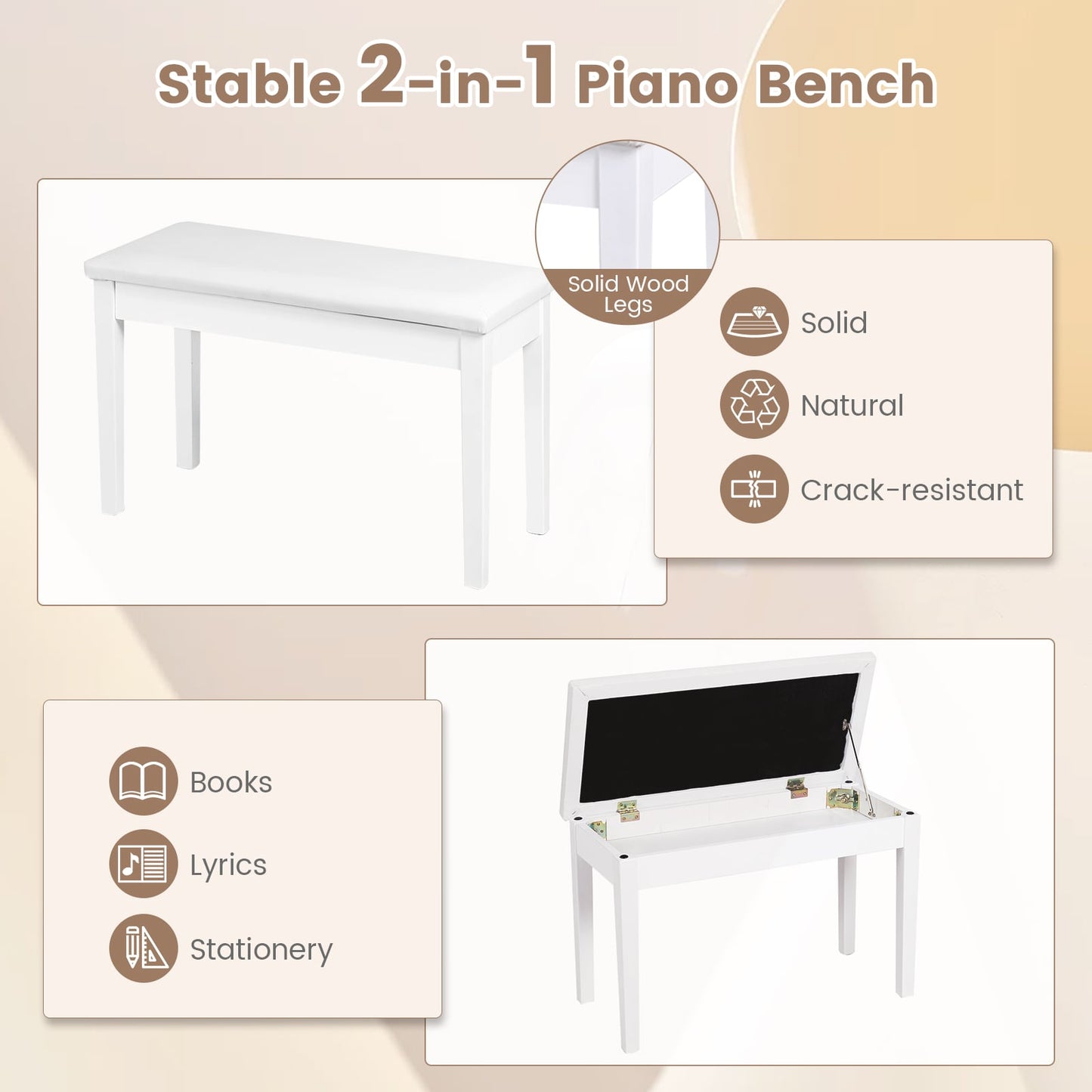 2-in-1 Padded Piano Bench with Storage Space-White
