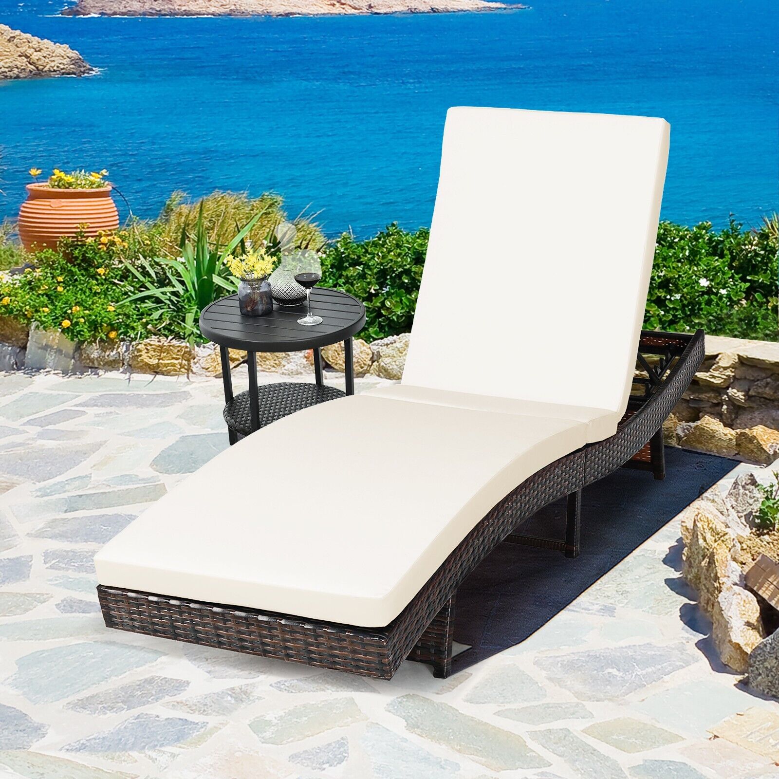 Outdoor Adjustable Folding Chaise Lounge with Removable Thick Cushion-White