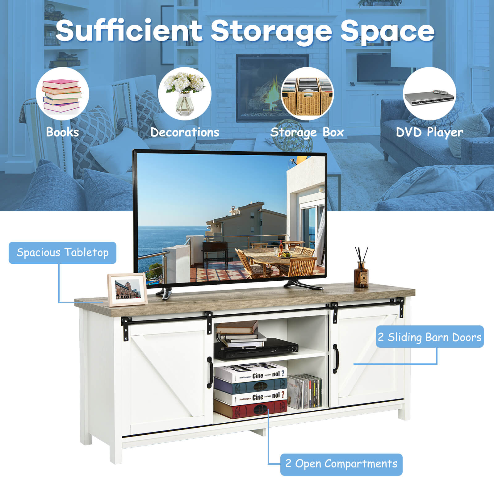 Modern TV Cabinet for 60-Inch TV Wooden Media Storage Shelves-White