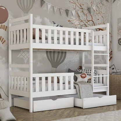 White bunk bed with storage drawers in a room with decorative wall art.