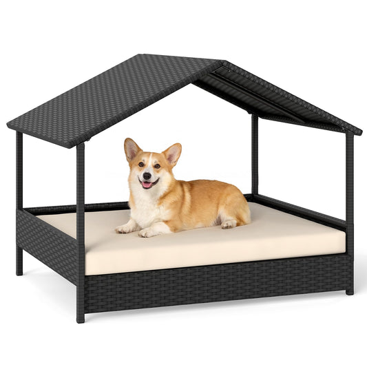 Wicker Dog House Outdoor Indoor with Canopy up to 60kg-Beige