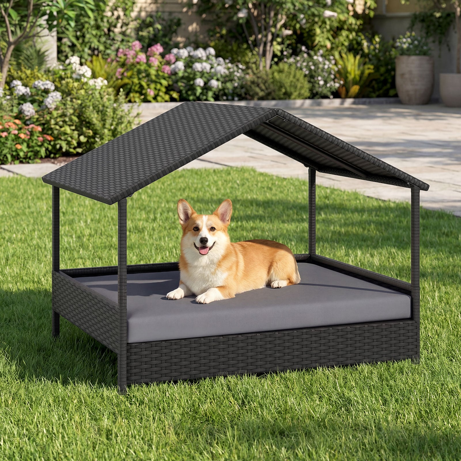Wicker Dog House Outdoor Indoor with Canopy up to 60kg-Grey