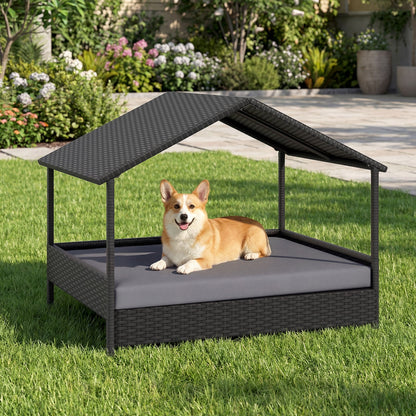 Wicker Dog House Outdoor Indoor with Canopy up to 60kg-Grey