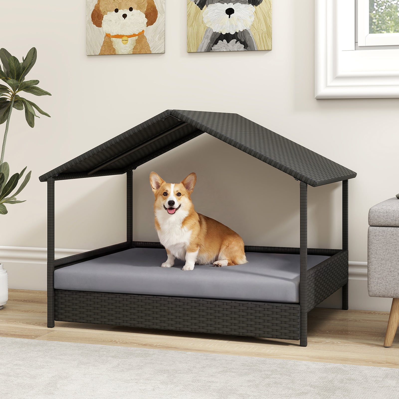 Wicker Dog House Outdoor Indoor with Canopy up to 60kg-Grey