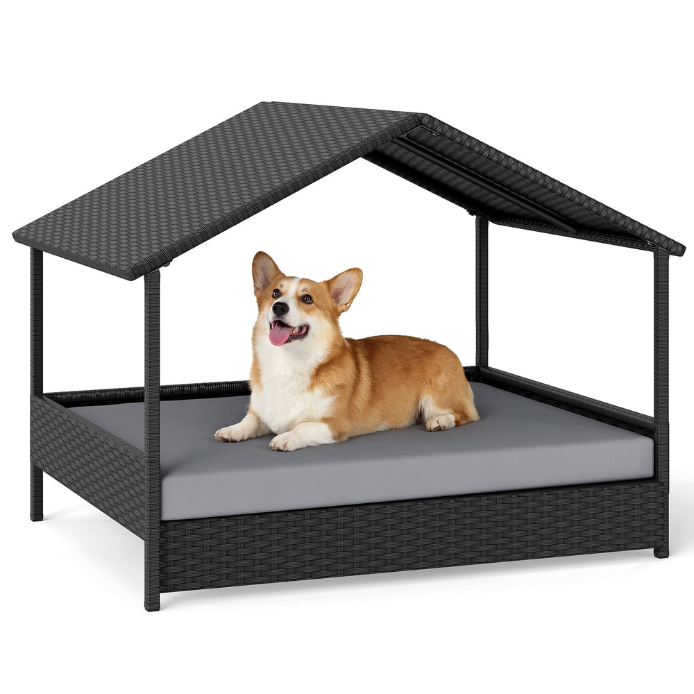 Wicker Dog House Outdoor Indoor with Canopy up to 60kg-Grey