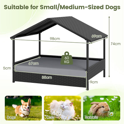 Wicker Dog House Outdoor Indoor with Canopy up to 60kg-Grey