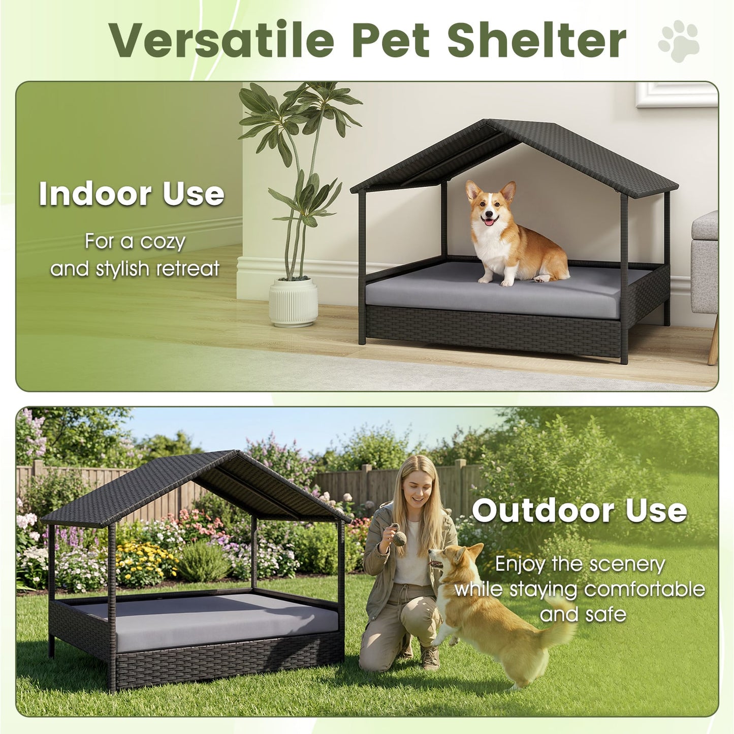 Wicker Dog House Outdoor Indoor with Canopy up to 60kg-Grey