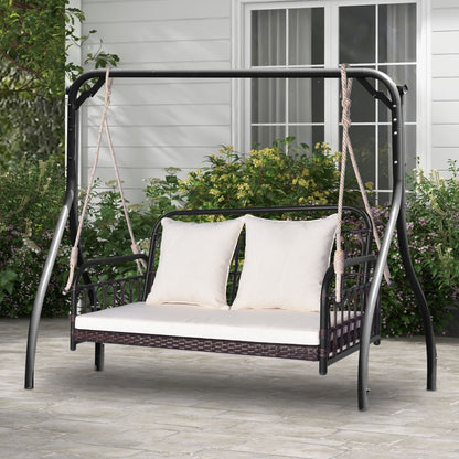 2-Person Outdoor Patio Hanging Chair with Cushions for Garden, Backyard-White