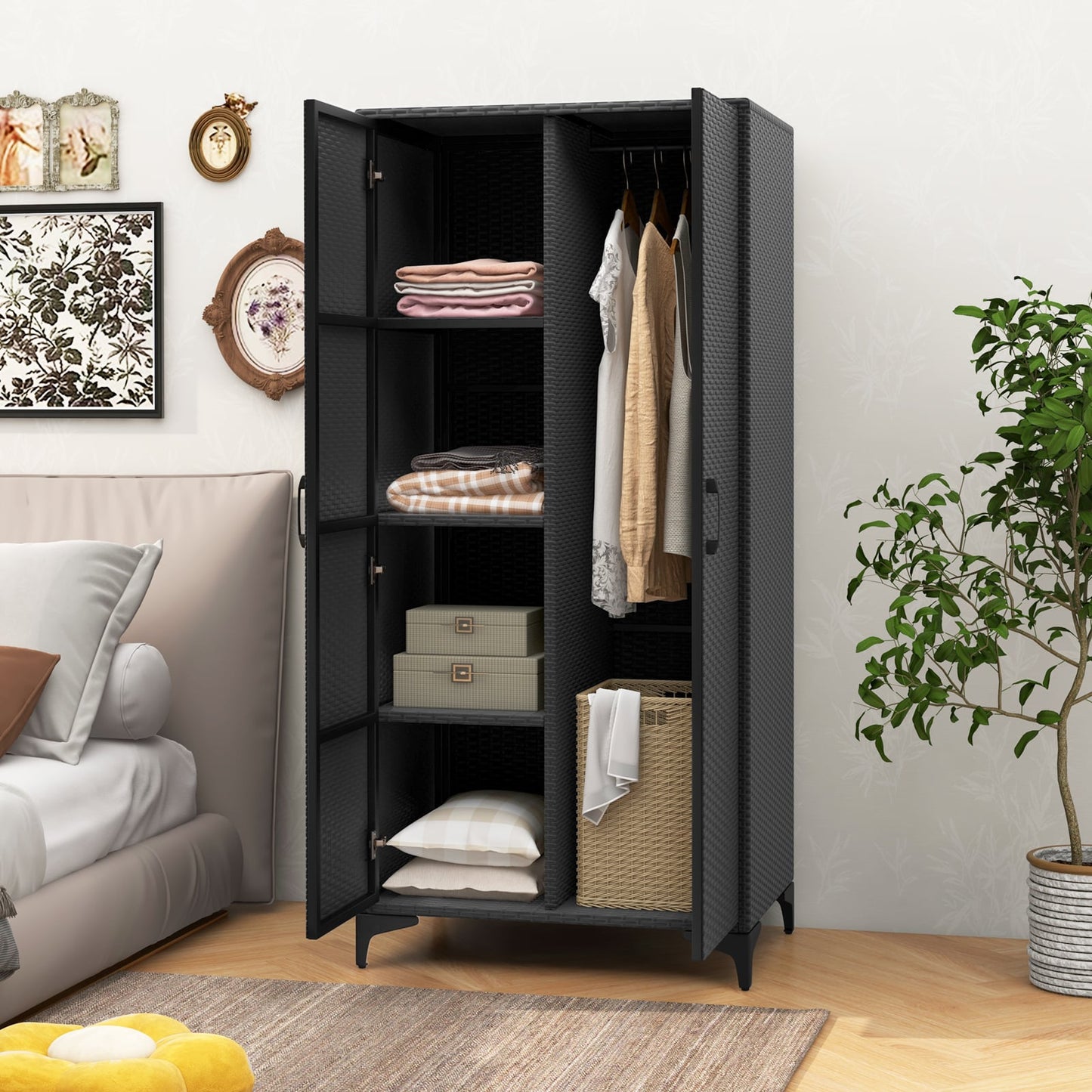 PE Rattan Wardrobe Armoire Closet with Hanging Rod and 4 Storage Cubes for Home Patio Garage-Black