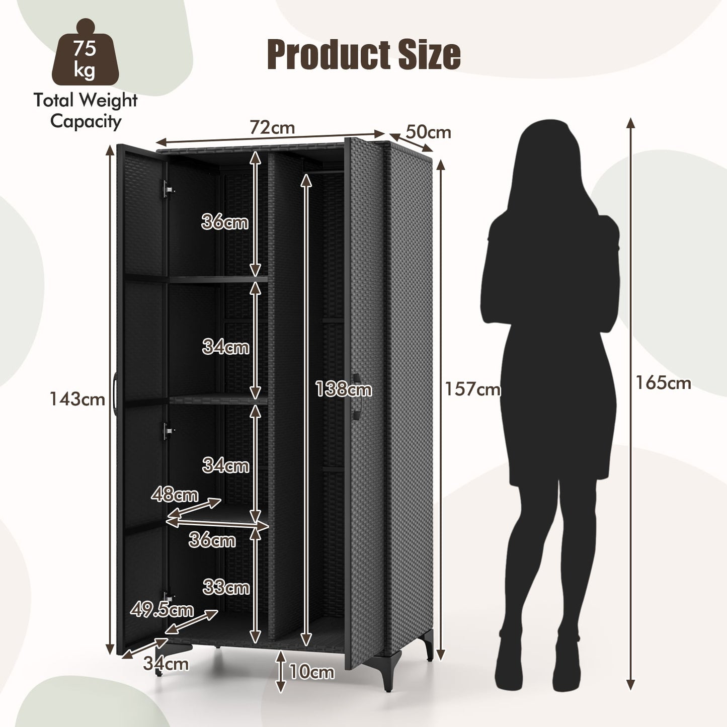 PE Rattan Wardrobe Armoire Closet with Hanging Rod and 4 Storage Cubes for Home Patio Garage-Black