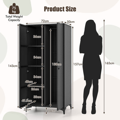 PE Rattan Wardrobe Armoire Closet with Hanging Rod and 4 Storage Cubes for Home Patio Garage-Black