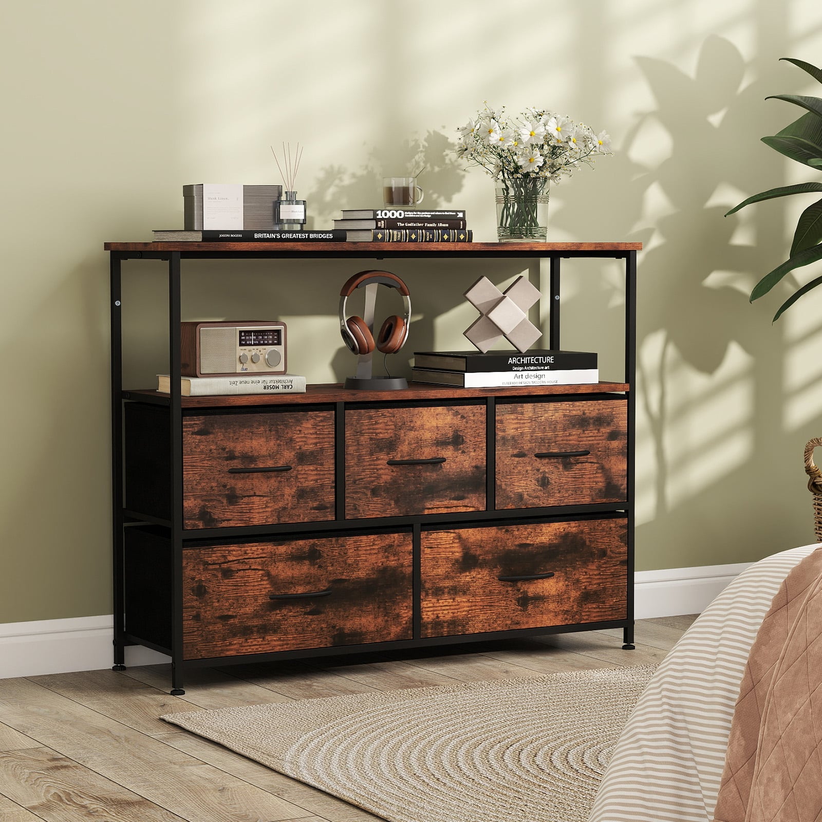 Wide Chest of Drawers with 2 Open Shelves and Heavy Duty Metal Frame-Rustic Brown