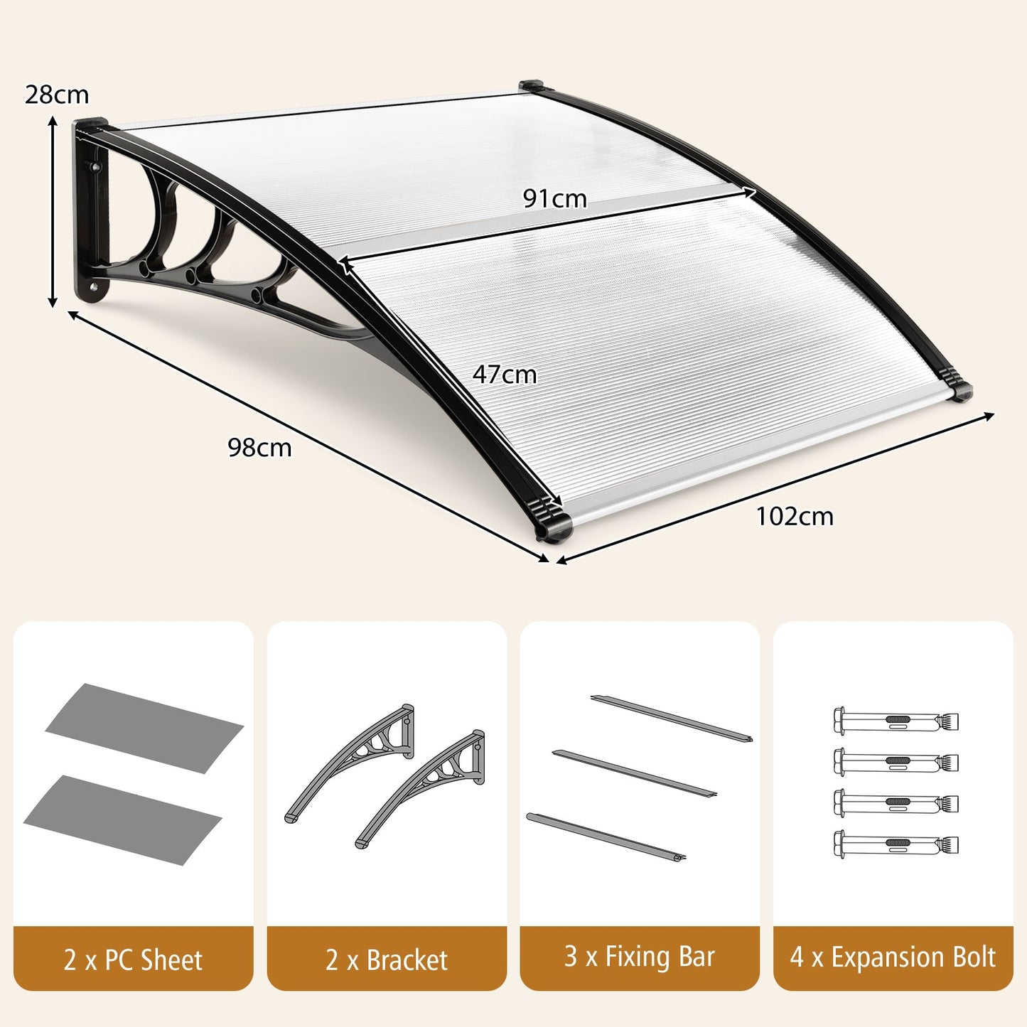 102 x 98 CM Window Door Awning Canopy-Transparent