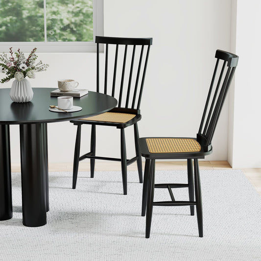 Windsor Dining Chair Set of 2 with Spindle Back and PE Rattan Seat for Kitchen-Black