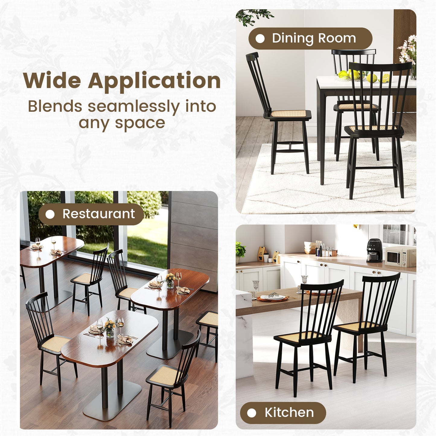 Windsor Dining Chair Set of 2 with Spindle Back and PE Rattan Seat for Kitchen-Black