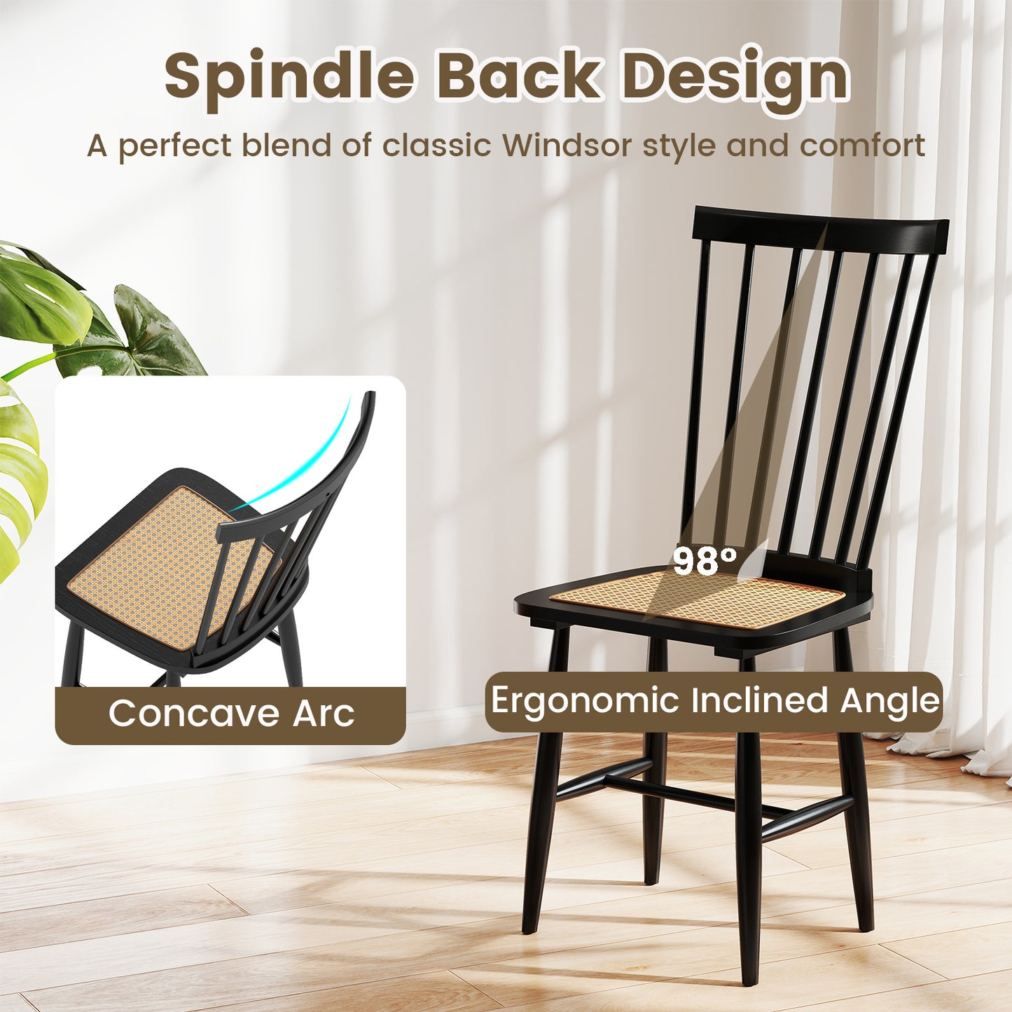 Windsor Dining Chair Set of 2 with Spindle Back and PE Rattan Seat for Kitchen-Black