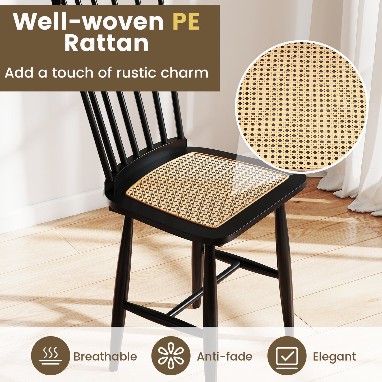 Windsor Dining Chair Set of 2 with Spindle Back and PE Rattan Seat for Kitchen-Black