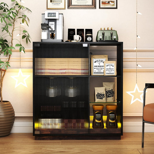 Wine Bar Cabinet with LED Lights & Glass Racks for Living Room Dining Room-Black