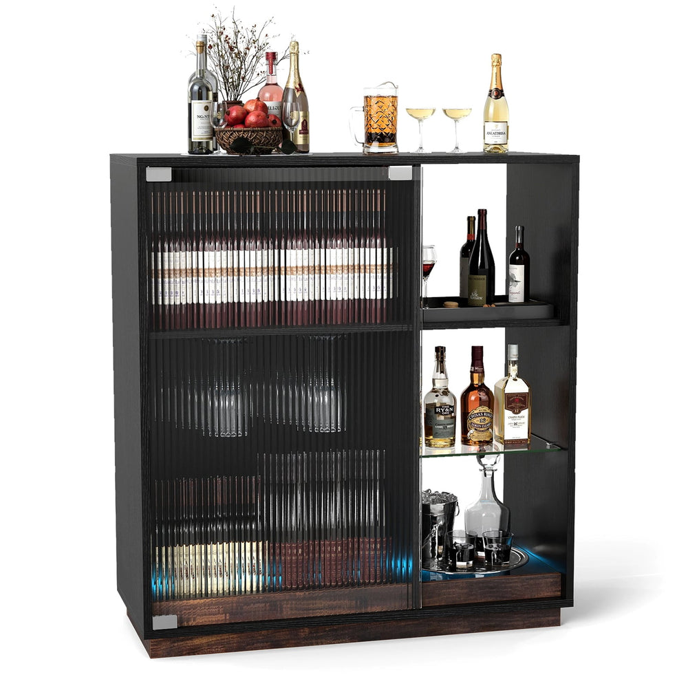 Wine Bar Cabinet with LED Lights & Glass Racks for Living Room Dining Room-Black