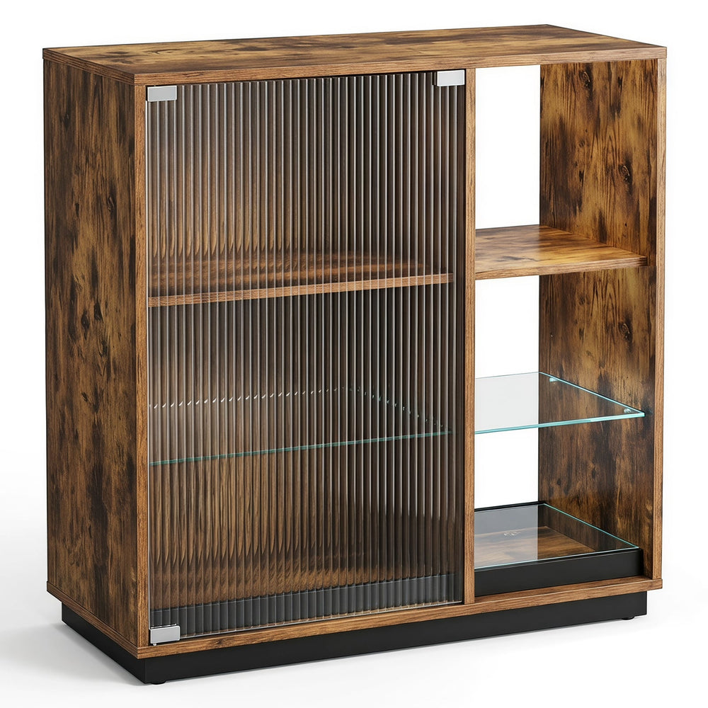 Wine Bar Cabinet with LED Lights & Glass Racks for Living Room Dining Room-Rustic Bown