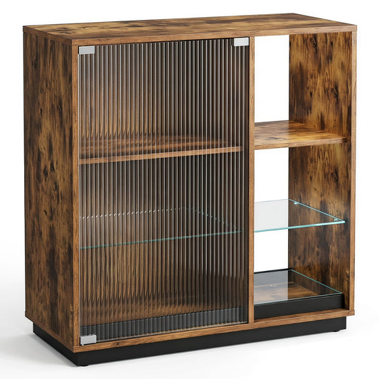 Wine Bar Cabinet with LED Lights & Glass Racks for Living Room Dining Room-Rustic Bown