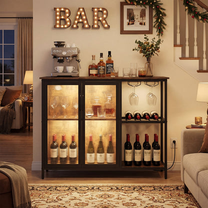 Wine Bar Cabinet with Power Outlets and LED Lights Freestanding Coffee Bar Cabinet-Rustic Brown