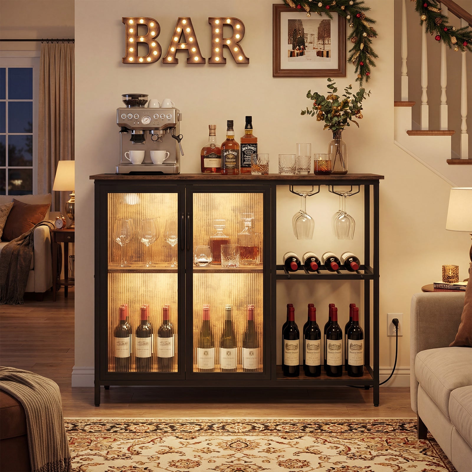 Wine Bar Cabinet with Power Outlets and LED Lights Freestanding Coffee Bar Cabinet-Rustic Brown
