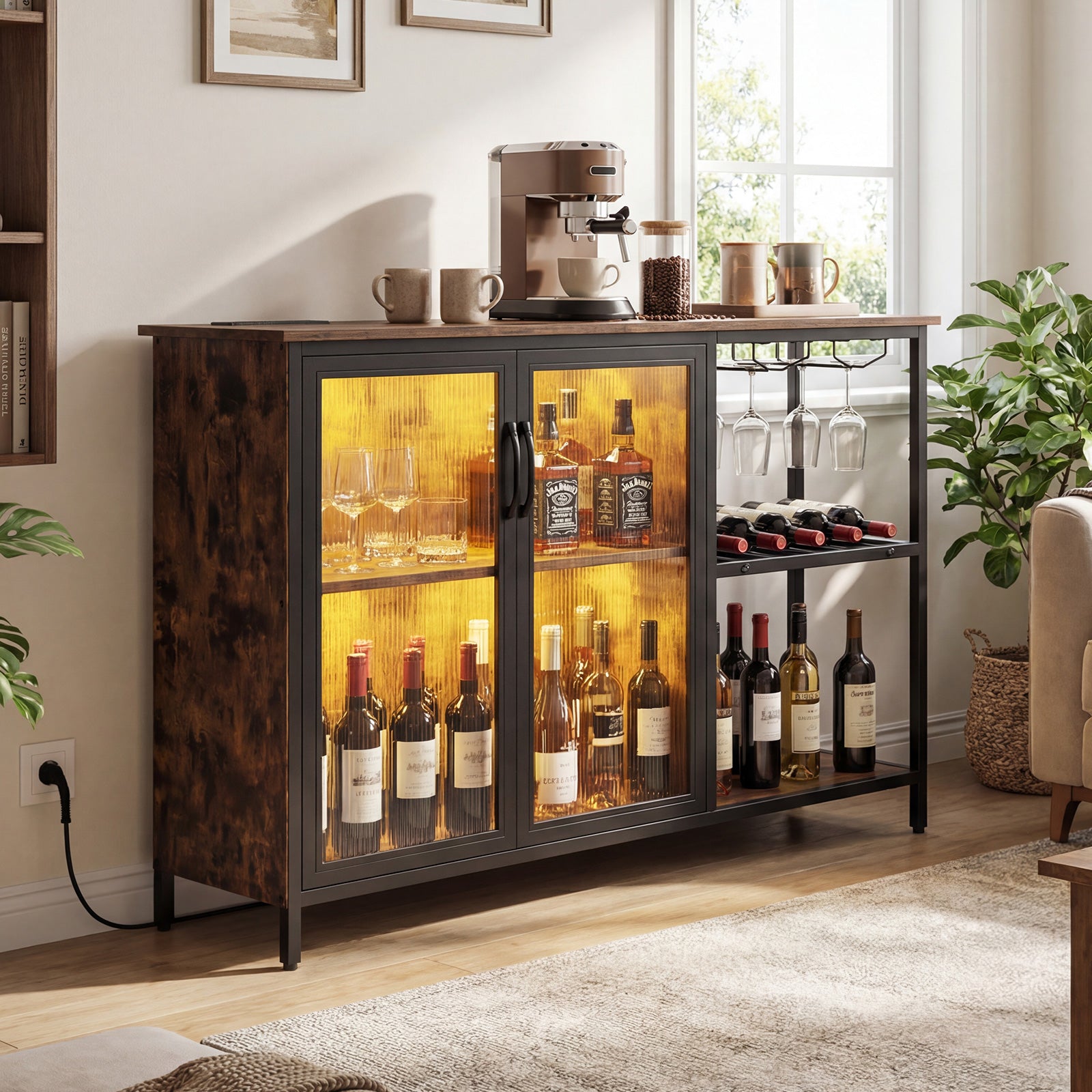 Wine Bar Cabinet with Power Outlets and LED Lights Freestanding Coffee Bar Cabinet-Rustic Brown
