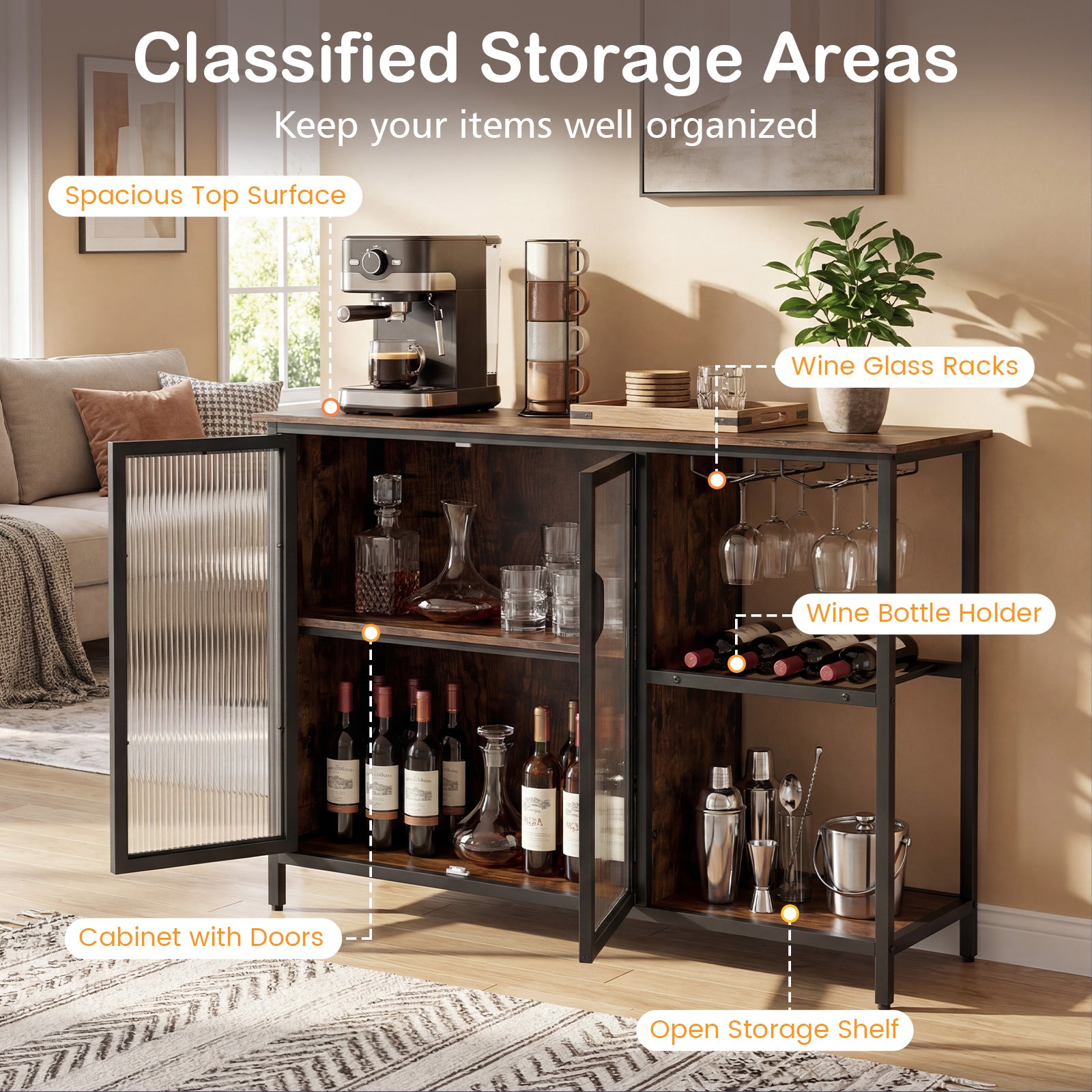 Wine Bar Cabinet with Power Outlets and LED Lights Freestanding Coffee Bar Cabinet-Rustic Brown