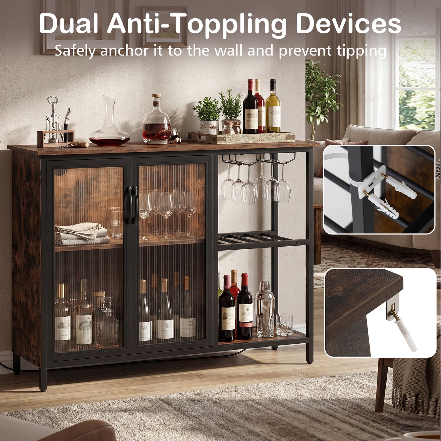 Wine Bar Cabinet with Power Outlets and LED Lights Freestanding Coffee Bar Cabinet-Rustic Brown