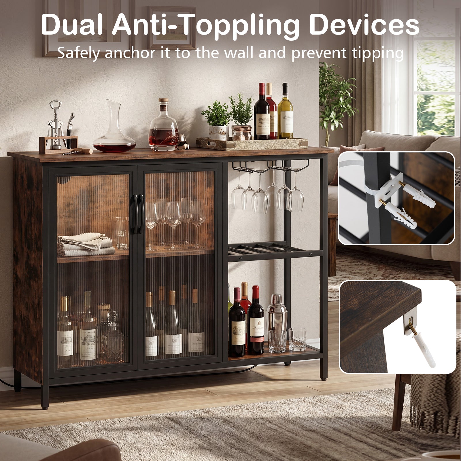 Wine Bar Cabinet with Power Outlets and LED Lights Freestanding Coffee Bar Cabinet-Rustic Brown