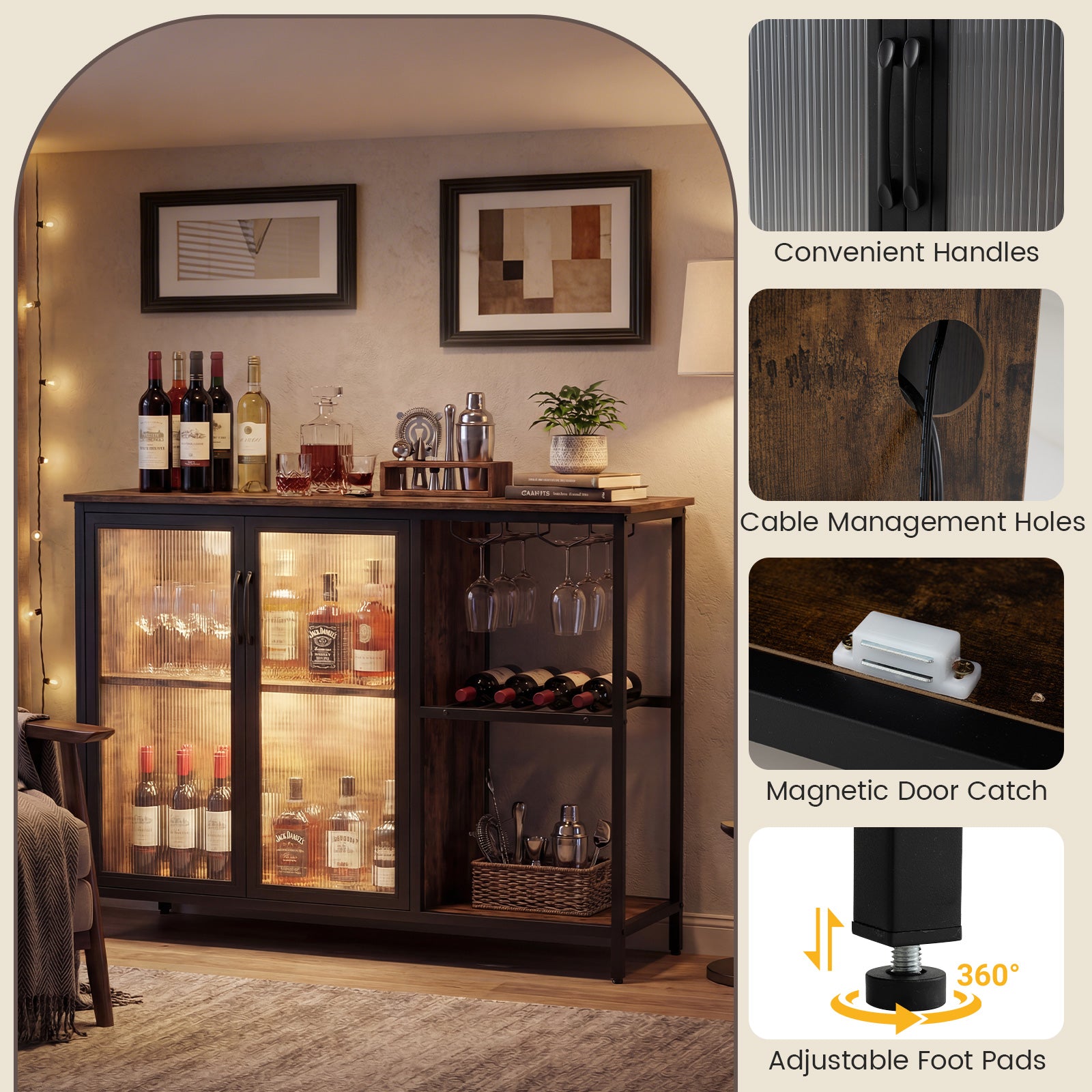 Wine Bar Cabinet with Power Outlets and LED Lights Freestanding Coffee Bar Cabinet-Rustic Brown