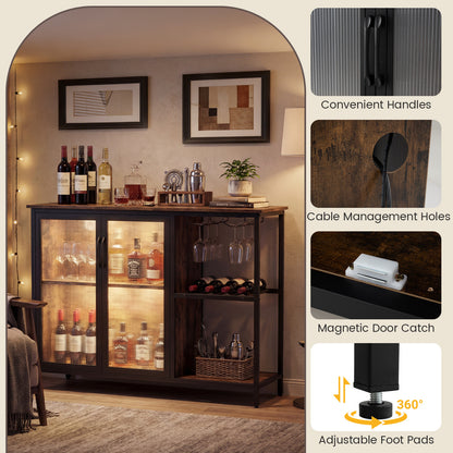 Wine Bar Cabinet with Power Outlets and LED Lights Freestanding Coffee Bar Cabinet-Rustic Brown