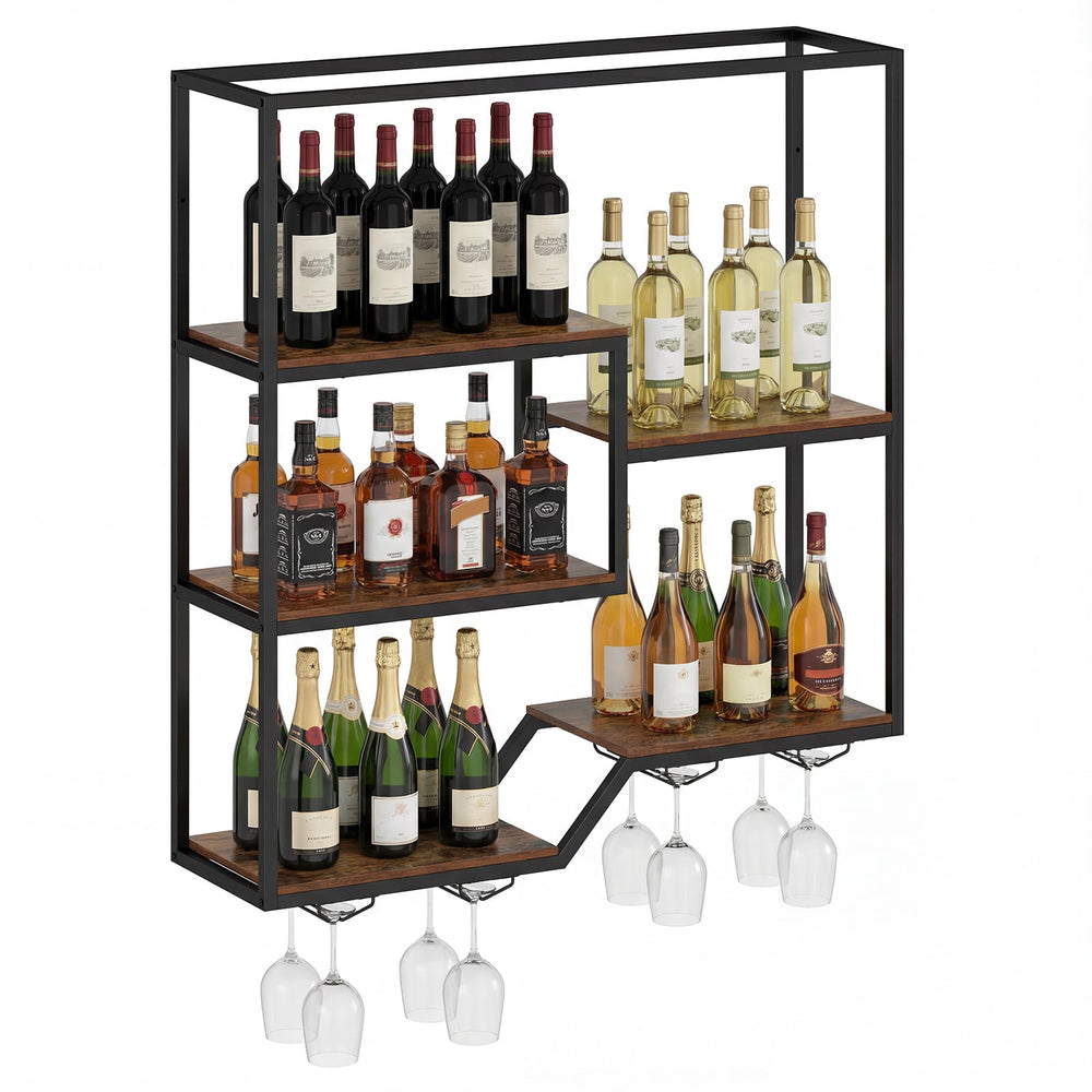 Wine Rack Wall Mounted 5-Tier Wine Bottle Display Shelf with 4 Wine Glass Holders-Rustic Brown
