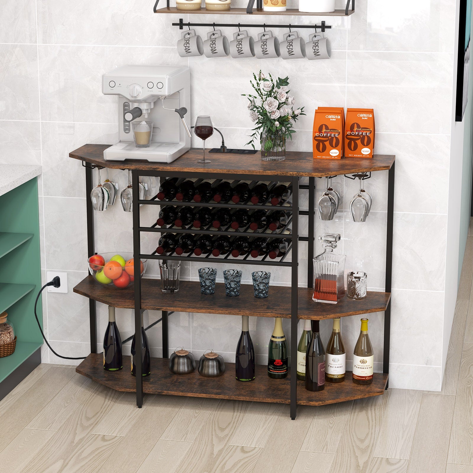 Wine Bar Cabinet 3-Tier Wine Rack with Shelves and Glass Holders-Brown