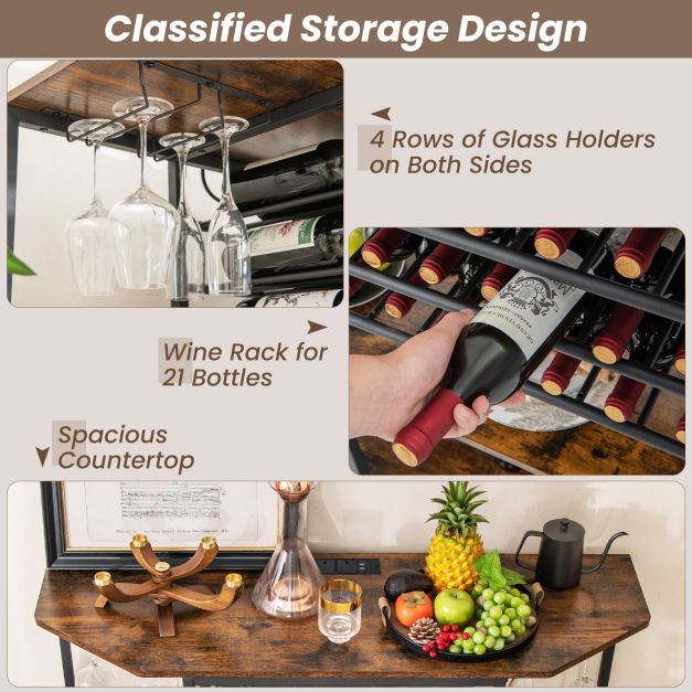 Wine Bar Cabinet 3-Tier Wine Rack with Shelves and Glass Holders-Brown