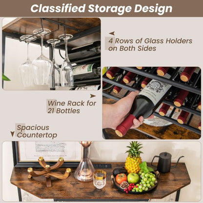 Wine Bar Cabinet 3-Tier Wine Rack with Shelves and Glass Holders-Brown