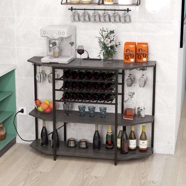 Wine Bar Cabinet 3-Tier Wine Rack with Shelves and Glass Holders-Grey