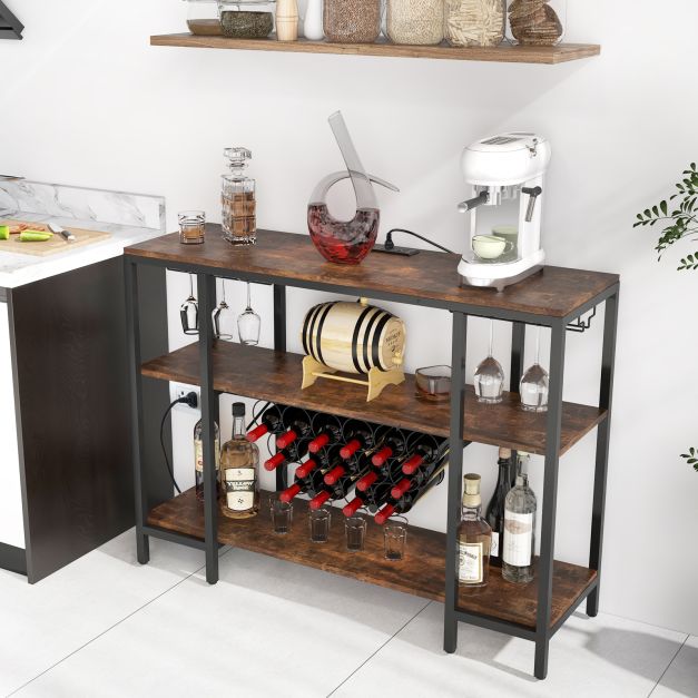 Wine Bar Cabinet Wine Rack with Bottle Racks and Storage Shelves-Brown