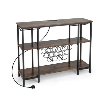 Wine Bar Cabinet Wine Rack with Bottle Racks and Storage Shelves-Brown