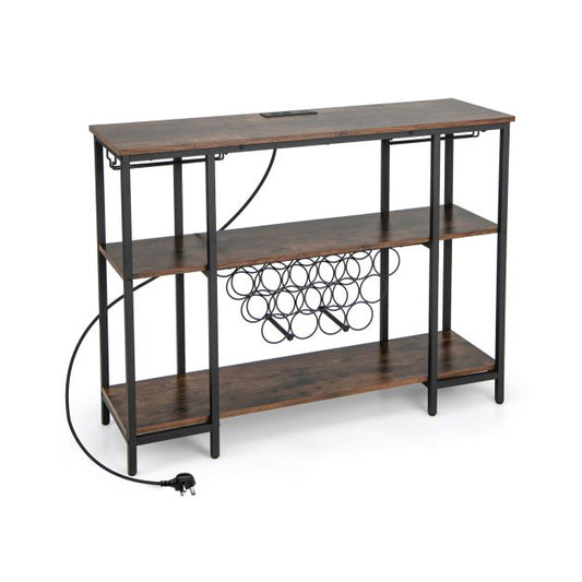 Wine Bar Cabinet Wine Rack with Bottle Racks and Storage Shelves-Brown
