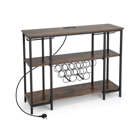 Wine Bar Cabinet Wine Rack with Bottle Racks and Storage Shelves-Brown